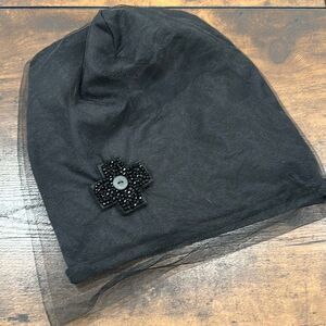 Plu Pluslavie Women's Embellished Cross Tulle Overlay Beanie Hat Black OS